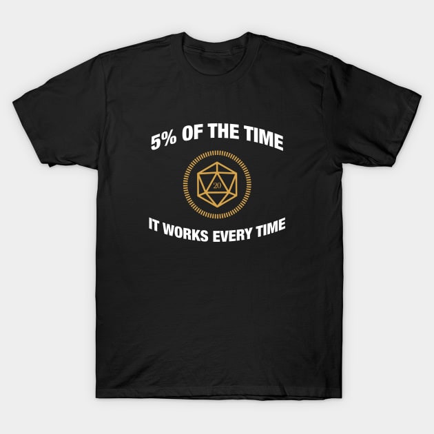 D20 Dice 5 Percent of the Time It Works Everytime - RPG T-Shirt by pixeptional